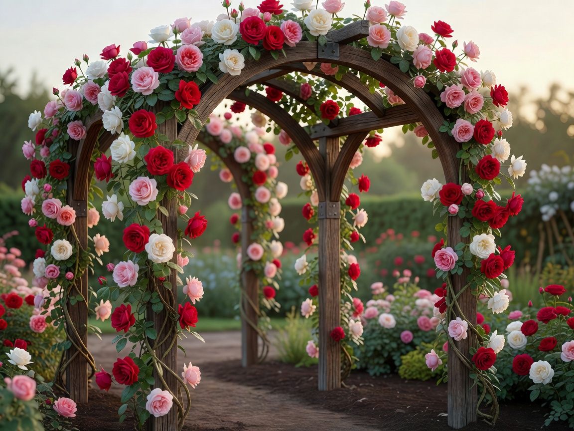Soft-lit three-dimensional rose arch vignette with visible upright supports and open space beneath