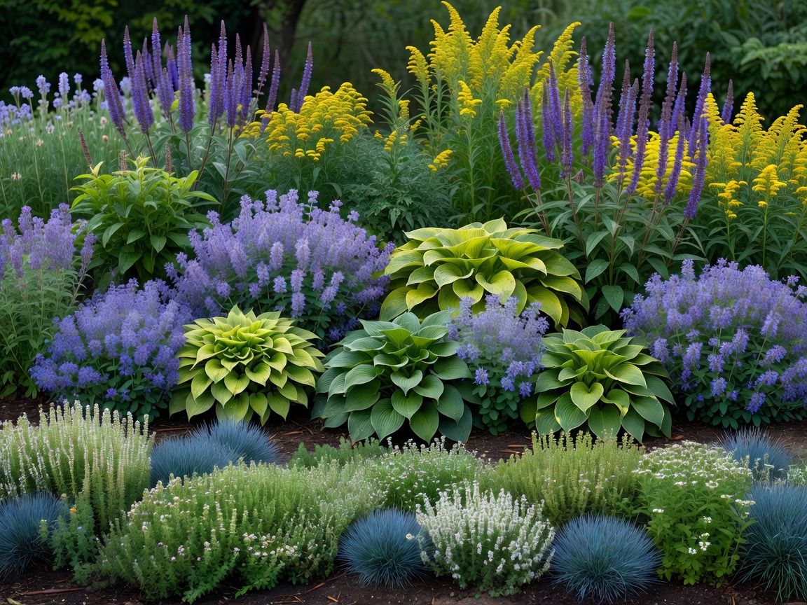 Three-dimensional planting vignette showing low front plants, rounded middle clumps and taller rear flowers
