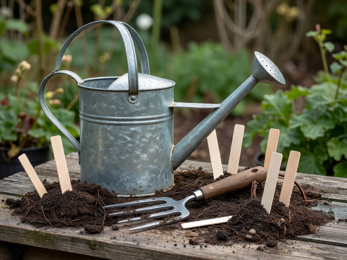 Soft-lit still life of a watering can, hand fork and plant labels ready for seasonal garden care